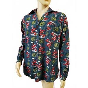 DAGACCI Mens Shirt Perma Press Polyester Red Dragons Blue Pattern Size M. NEW
